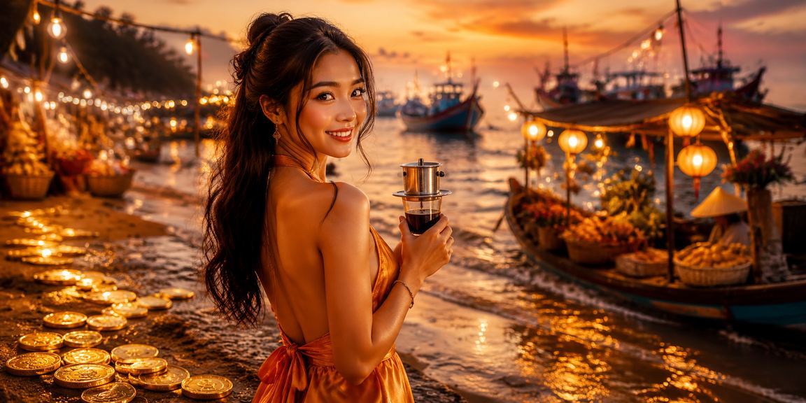 Người dùng mở app ace5 tại Mũi Né buổi sáng cà phê